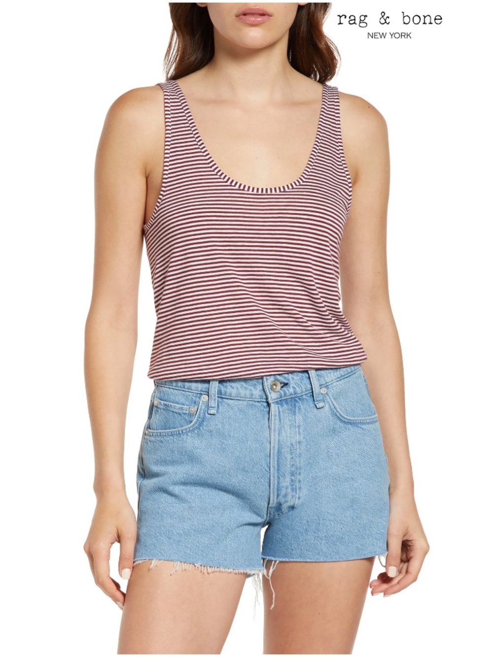 RAG & BONE MICHAL RAYON/LINEN SCOOP NECK BURGUNDY STRIPE TANK. SIZE L